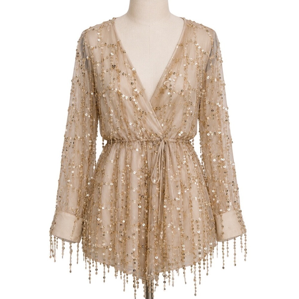 Xtaren Gold Sequin Mesh Long Sleeve V-Neck Fringe Nude Party Festival M